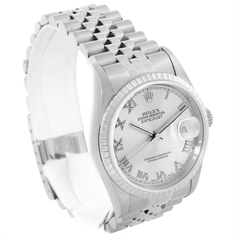 The image shows a Rolex Datejust 16220 Men's Stainless Steel Silver Dial 16220 Men's Stainless Steel Silver Dial watch from a three-quarter angle, highlighting the face, bezel, and bracelet.