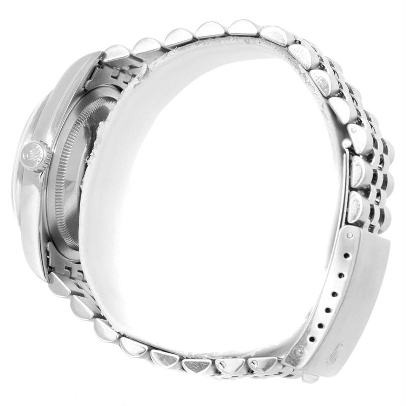 The image shows a side profile of a Rolex Datejust 16220 Men's Stainless Steel Silver Dial 16220 Men's Stainless Steel Silver Dial watch focusing on its bracelet, case back, and crown.