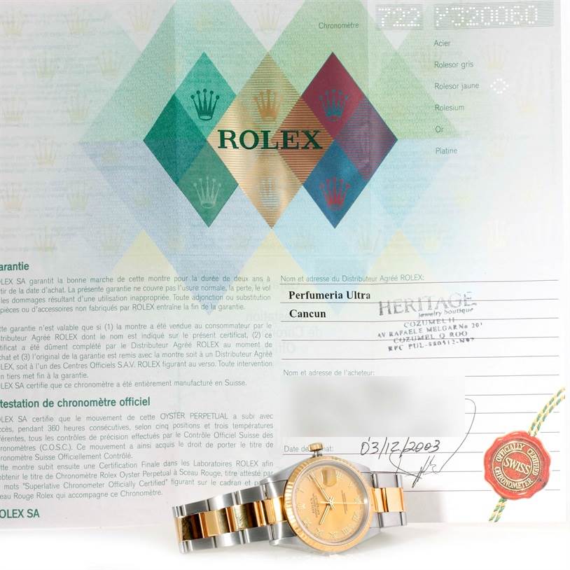 The Rolex Datejust 16233 Men's Steel and Gold (two tone) Champagne Dial 16233 Men's Steel and Gold (two tone) Champagne Dial watch is shown from a front angle, alongside its warranty certificate.