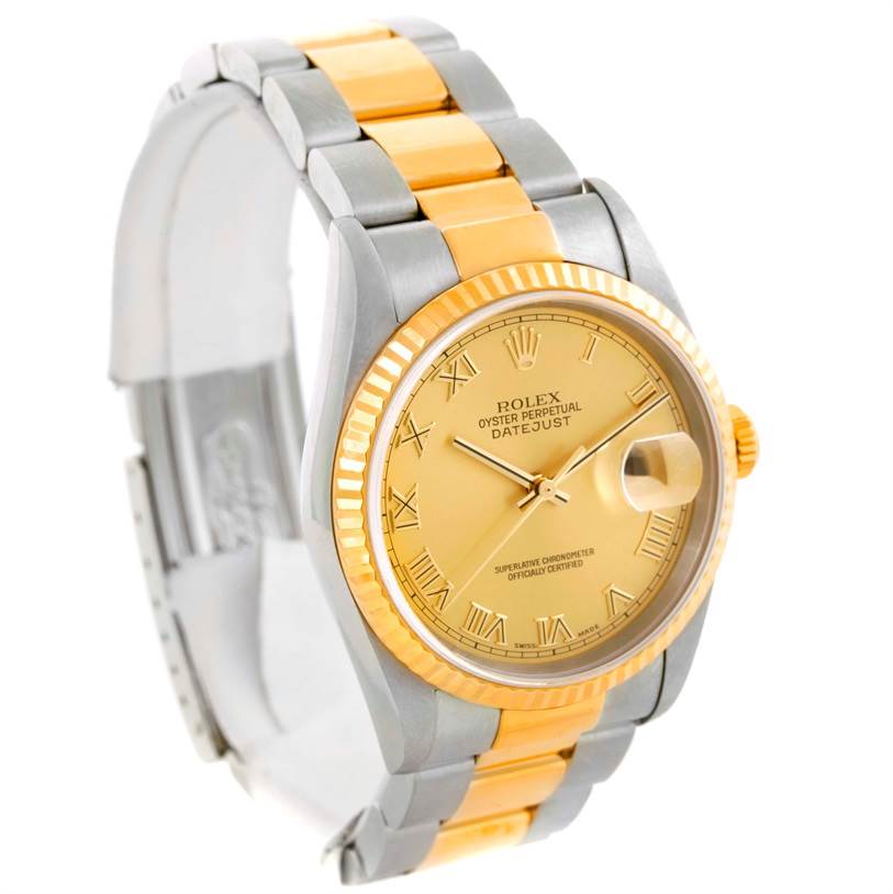 This image shows a Rolex Datejust 16233 Men's Steel and Gold (two tone) Champagne Dial 16233 Men's Steel and Gold (two tone) Champagne Dial watch at a slight angle, featuring its face, bezel, and part of the two-tone bracelet.