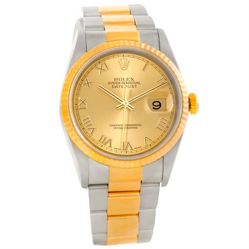 The image shows a front view of a Rolex Datejust 16233 Men's Steel and Gold (two tone) Champagne Dial 16233 Men's Steel and Gold (two tone) Champagne Dial watch, highlighting the dial, bezel, and part of the bracelet.