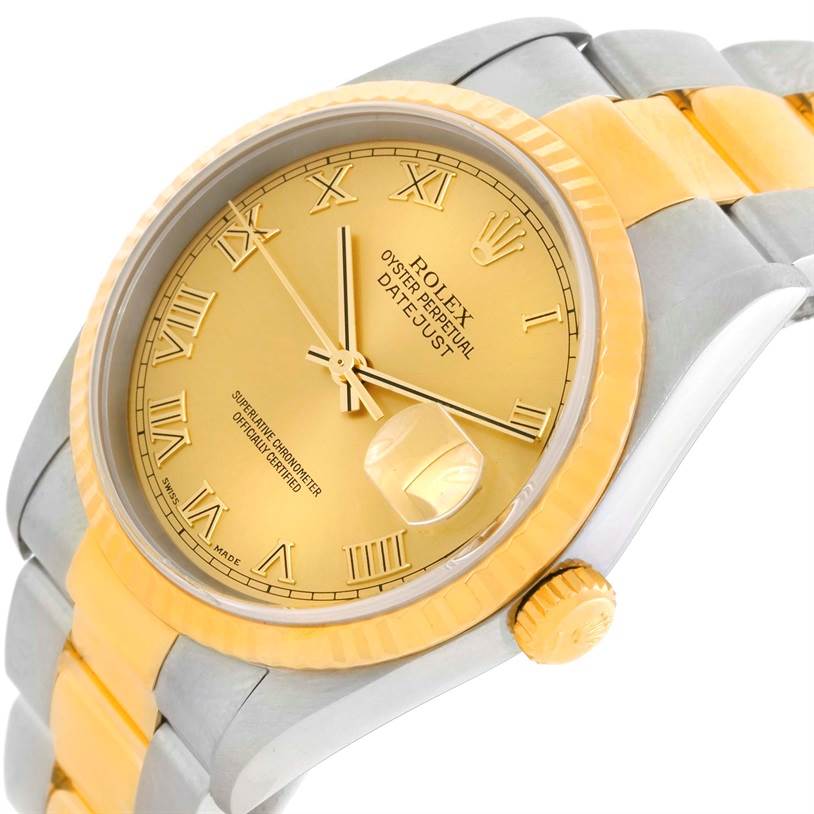 This image shows a Rolex Datejust 16233 Men's Steel and Gold (two tone) Champagne Dial 16233 Men's Steel and Gold (two tone) Champagne Dial watch at a slight angle, highlighting the gold dial, fluted bezel, and two-tone bracelet.