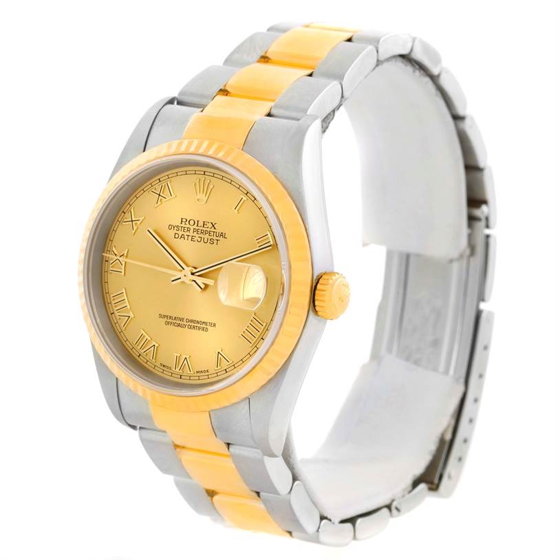 The image shows a Rolex Datejust 16233 Men's Steel and Gold (two tone) Champagne Dial 16233 Men's Steel and Gold (two tone) Champagne Dial watch at an angled side view, highlighting its gold and silver bracelet, dial, and date feature.