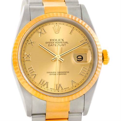 Photo of Rolex Datejust Steel 18k Yellow Gold Champagne Roman Dial Watch 16233