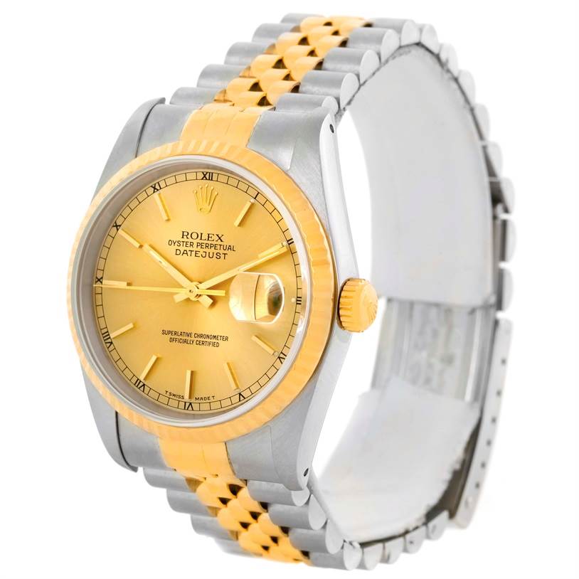 This image shows a Rolex Datejust 16233 Men's Steel and Gold (two tone) Champagne Dial 16233 Men's Steel and Gold (two tone) Champagne Dial watch at an angled front view, highlighting the gold dial, date window, and two-tone bracelet.