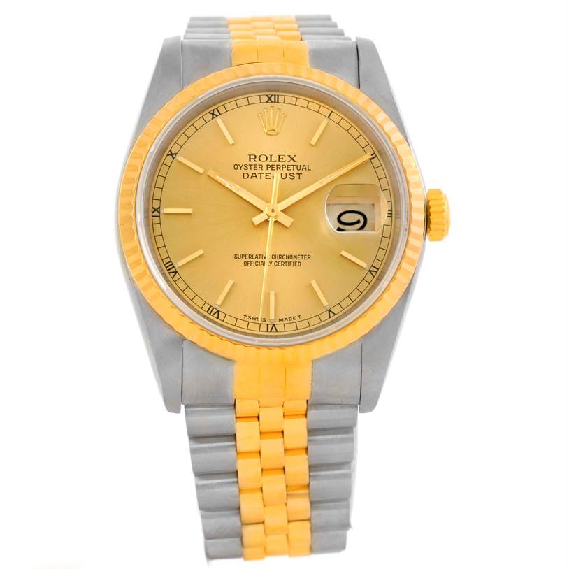 This image shows the front view of a Rolex Datejust 16233 Men's Steel and Gold (two tone) Champagne Dial 16233 Men's Steel and Gold (two tone) Champagne Dial watch, displaying the dial, bezel, and bracelet.