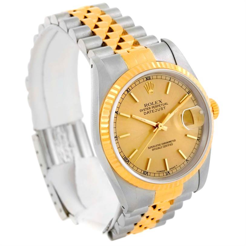 This image shows a Rolex Datejust 16233 Men's Steel and Gold (two tone) Champagne Dial 16233 Men's Steel and Gold (two tone) Champagne Dial watch at a three-quarter angle, highlighting the dial, bezel, case, and two-tone bracelet.