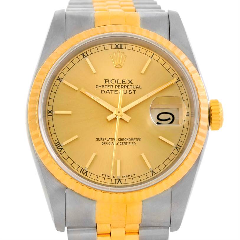 Rolex Datejust Steel 18k Yellow Gold Champagne Baton Dial Watch 16233 ...