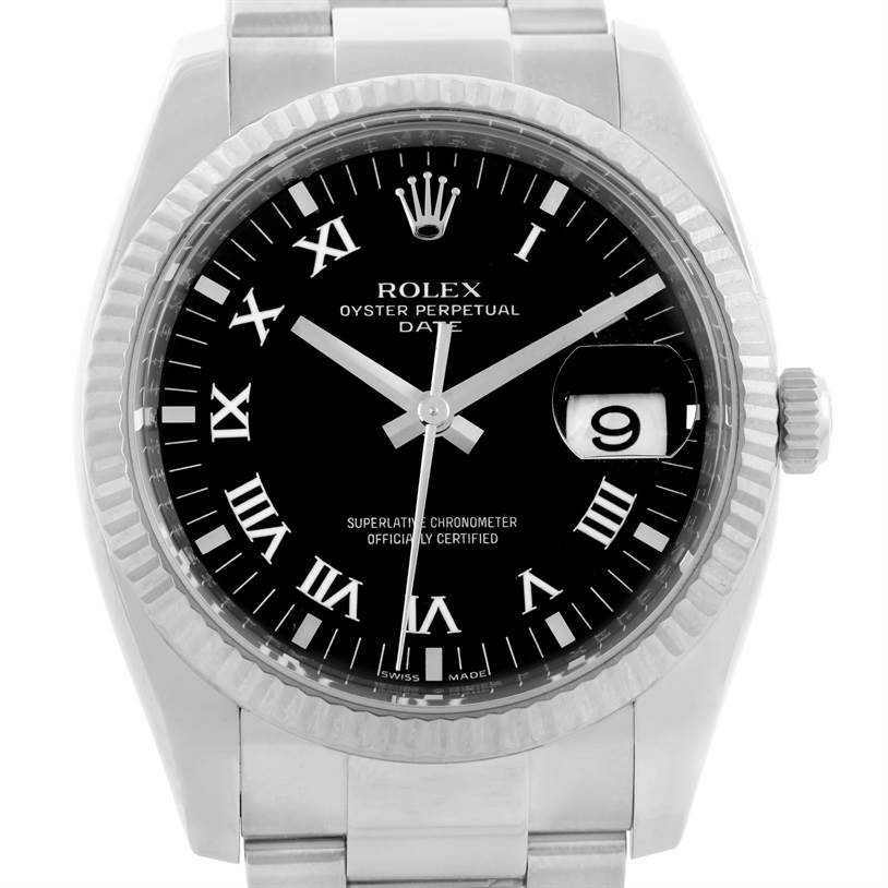 This is a front view of a Rolex Datejust 115234 Men
s Stainless Steel Black Dial 115234 Men
s Stainless Steel Black Dial watch, showcasing its black dial, Roman numerals, and date function at 3 o
clock.