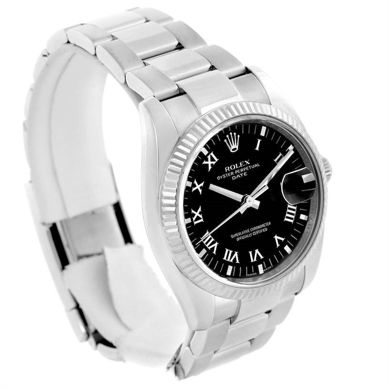 Rolex Date Mens Steel 18K Whie Gold Black Roman Dial Watch 115234 SwissWatchExpo