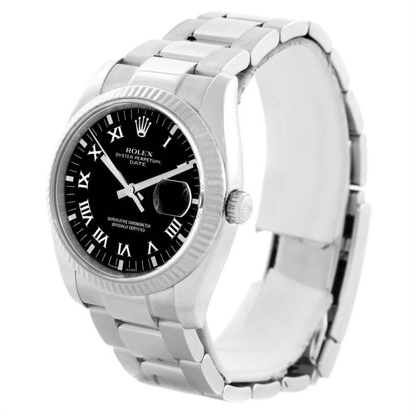 The Rolex Datejust 115234 Men
s Stainless Steel Black Dial 115234 Men
s Stainless Steel Black Dial watch is shown at a slight angle, displaying its bezel, crown, black dial, and metal bracelet.
