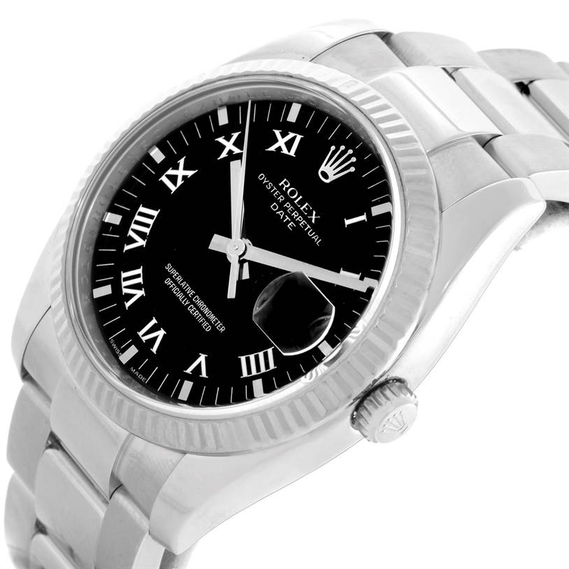 The Rolex Datejust 115234 Men
s Stainless Steel Black Dial 115234 Men
s Stainless Steel Black Dial watch is shown at an angle highlighting the dial, bezel, and bracelet.