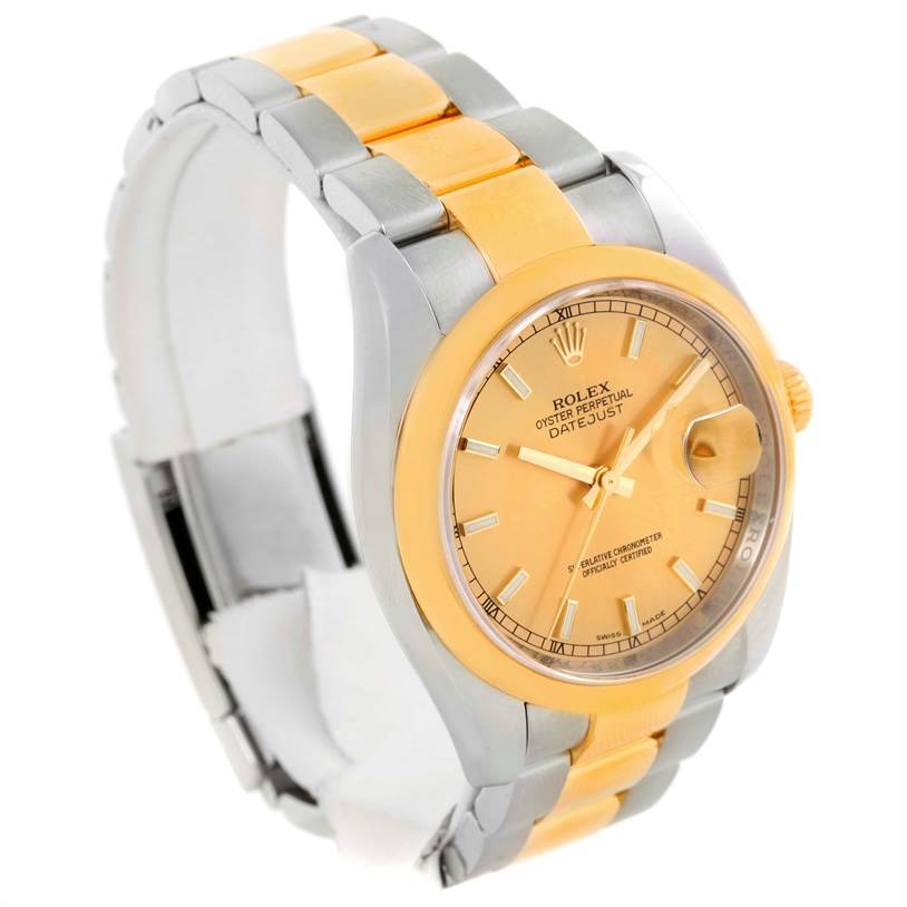 The Rolex Datejust 116203 Men
s Stainless Steel Champagne Dial 116203 Men
s Stainless Steel Champagne Dial watch is shown at an angled view, highlighting its dial, bezel, crown, and bracelet.
