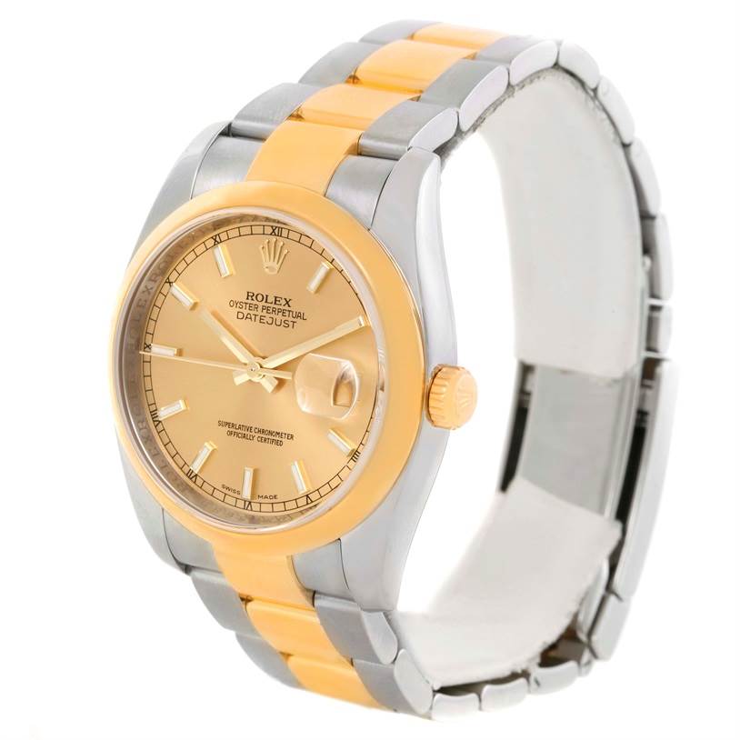 The Rolex Datejust 116203 Men
s Stainless Steel Champagne Dial 116203 Men
s Stainless Steel Champagne Dial watch is shown at an angle displaying its face, crown, and bicolored bracelet.