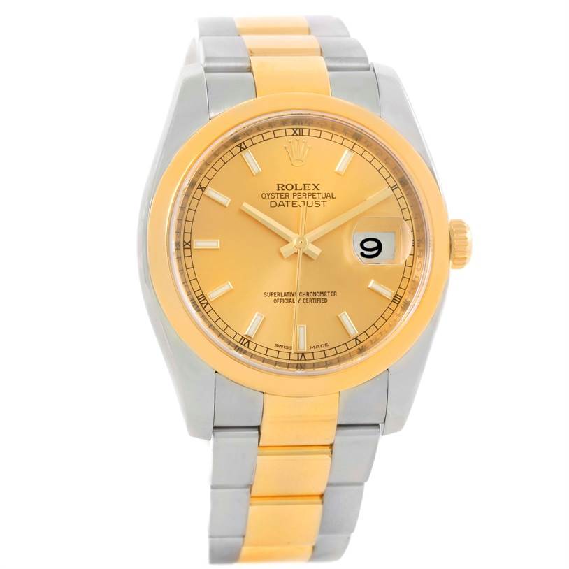 The image shows a front view of the Rolex Datejust 116203 Men
s Stainless Steel Champagne Dial 116203 Men
s Stainless Steel Champagne Dial watch, displaying the dial, bezel, hands, bracelet, and date window at 3 o’clock.