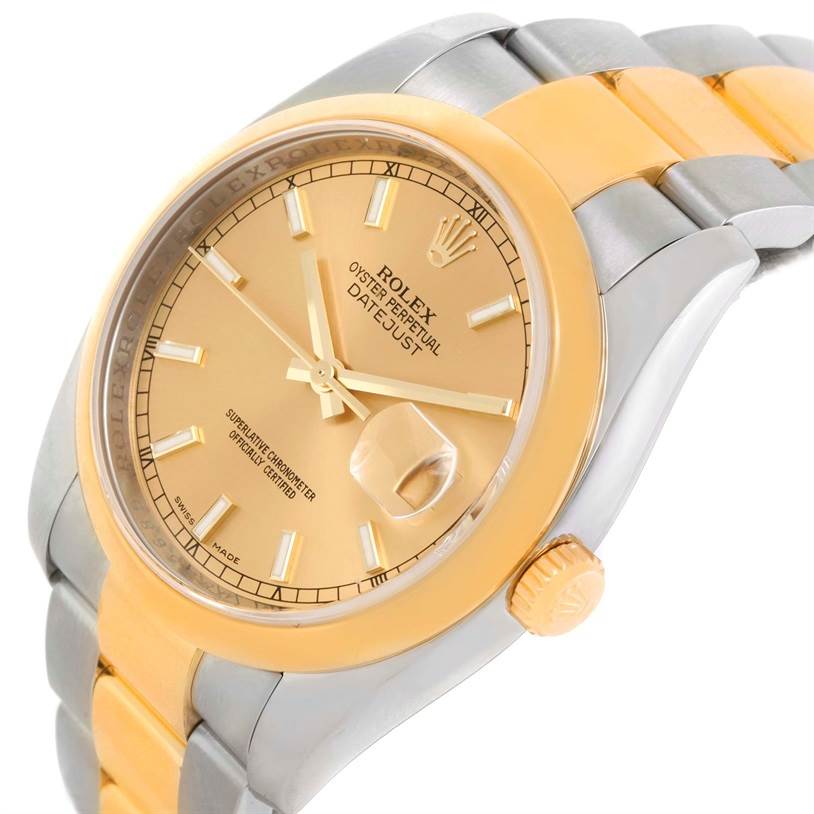 The image shows a close-up angle of a Rolex Datejust 116203 Men
s Stainless Steel Champagne Dial 116203 Men
s Stainless Steel Champagne Dial watch, highlighting its dial, bezel, and two-tone bracelet.