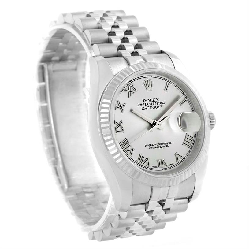 This image shows a Rolex Datejust 116234 Men's Stainless Steel Silver Dial 116234 Men's Stainless Steel Silver Dial watch angled slightly to the left, highlighting its dial, jubilee bracelet, and fluted bezel.
