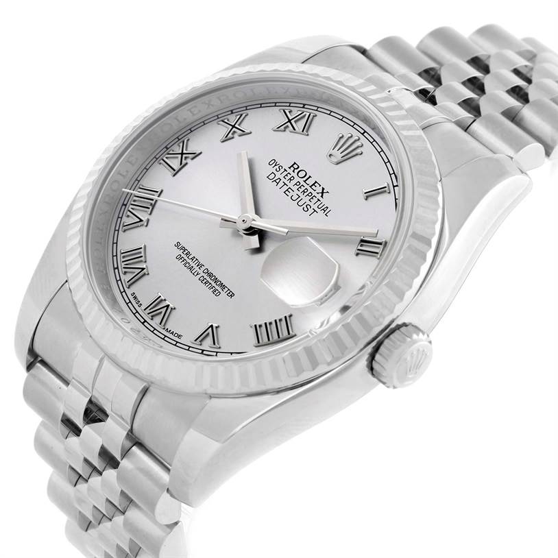 The image shows a Rolex Datejust 116234 Men's Stainless Steel Silver Dial 116234 Men's Stainless Steel Silver Dial watch at a tilted angle, highlighting the dial, fluted bezel, and Jubilee bracelet.