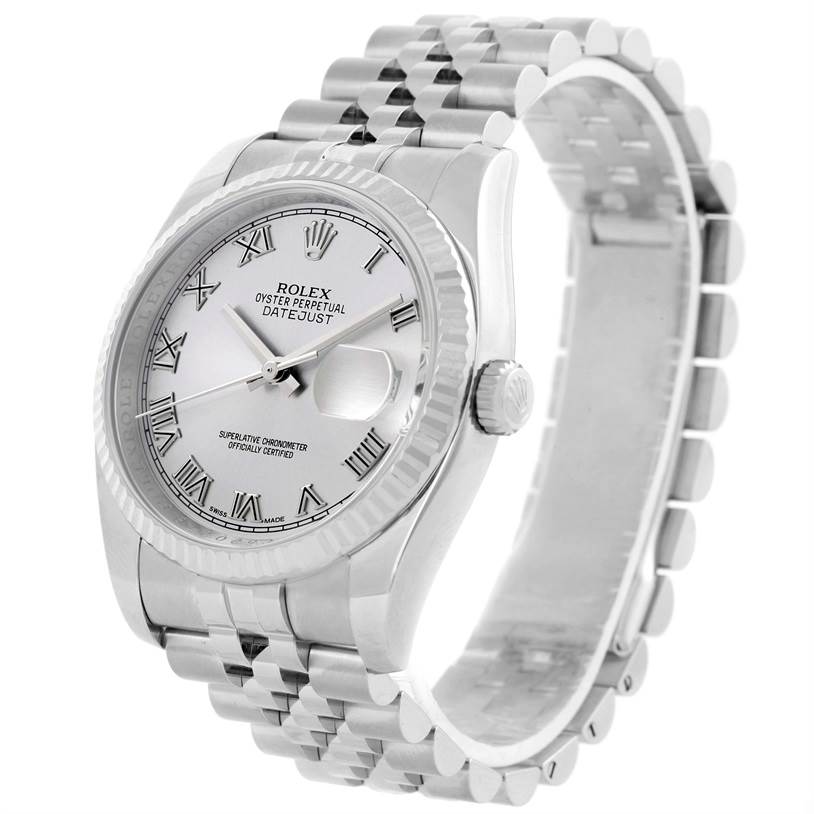 This image shows a Rolex Datejust 116234 Men's Stainless Steel Silver Dial 116234 Men's Stainless Steel Silver Dial watch at a slight angle displaying its face, crown, bezel, and Jubilee bracelet.