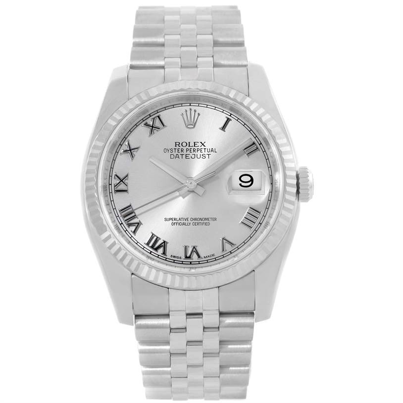 This image shows a frontal view of the Rolex Datejust 116234 Men's Stainless Steel Silver Dial 116234 Men's Stainless Steel Silver Dial watch, highlighting the dial, hands, and bracelet.