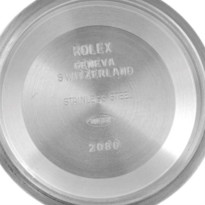 The image shows the inner case back of a Rolex Datejust 116234 Men's Stainless Steel Silver Dial 116234 Men's Stainless Steel Silver Dial watch, engraved with "ROLEX GENEVA SWITZERLAND STAINLESS STEEL 2080."