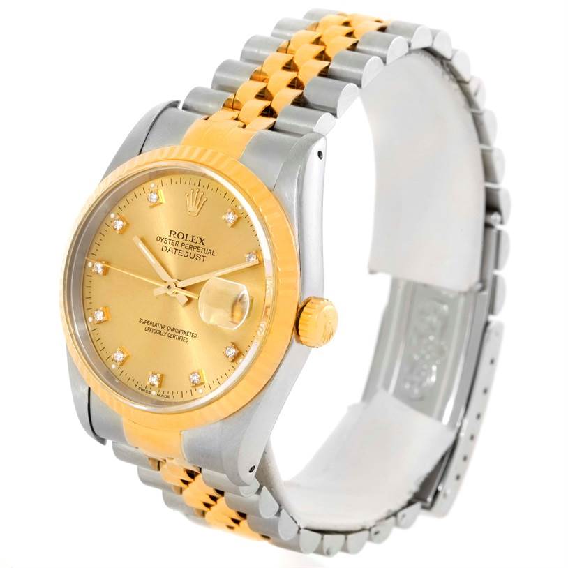 This Rolex Datejust 16233 Men's Steel and Gold (two tone) Champagne Dial 16233 Men's Steel and Gold (two tone) Champagne Dial watch is shown at a three-quarter angle, showcasing its dial, bezel, crown, and two-tone bracelet.