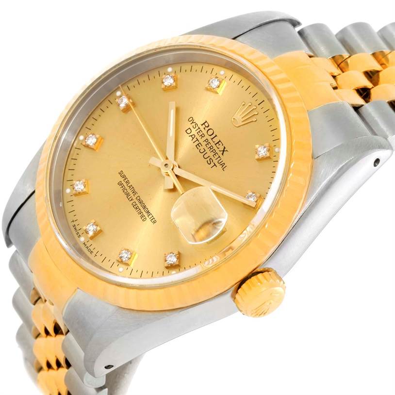 The Rolex Datejust 16233 Men's Steel and Gold (two tone) Champagne Dial 16233 Men's Steel and Gold (two tone) Champagne Dial watch is shown at a slight angle, highlighting the gold dial, diamond hour markers, crown, and two-tone bracelet.