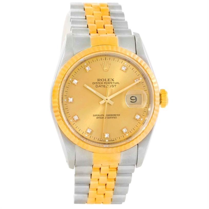 This image shows a Rolex Datejust 16233 Men's Steel and Gold (two tone) Champagne Dial 16233 Men's Steel and Gold (two tone) Champagne Dial watch from a front angle, displaying the dial, bezel, crown, and bracelet.