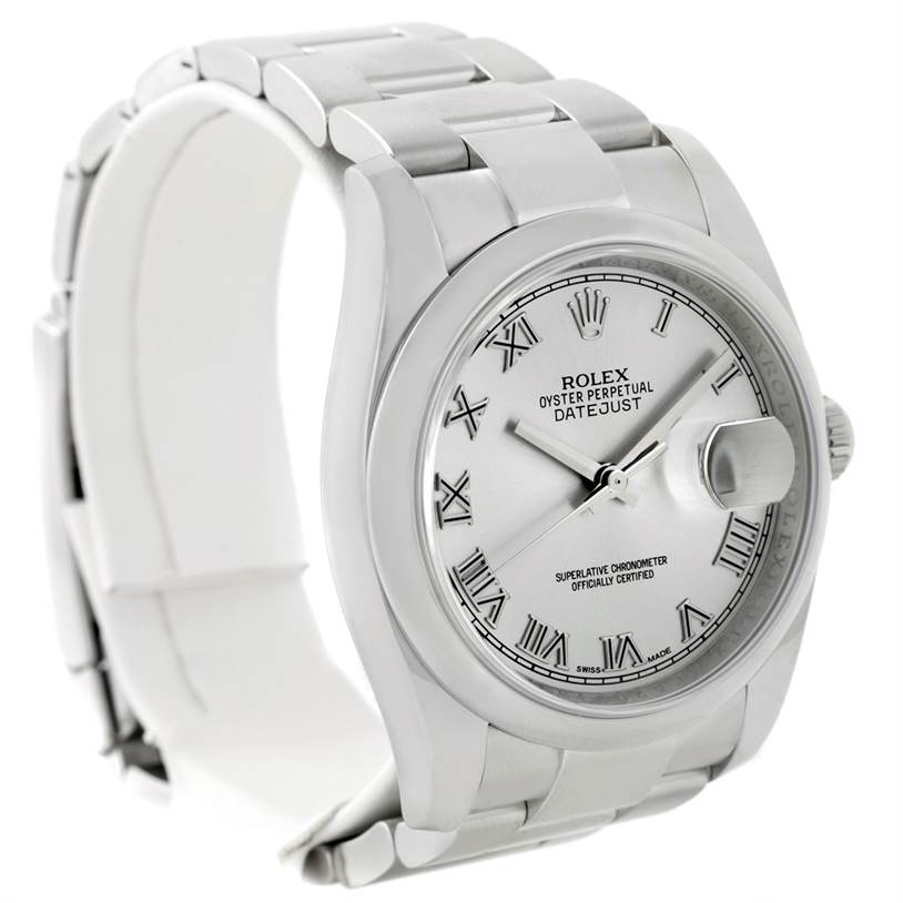 The image shows a side-front angle of the Rolex Datejust 116200 Men
s Stainless Steel Grey Dial 116200 Men
s Stainless Steel Grey Dial watch, highlighting its dial, bracelet, and crown.