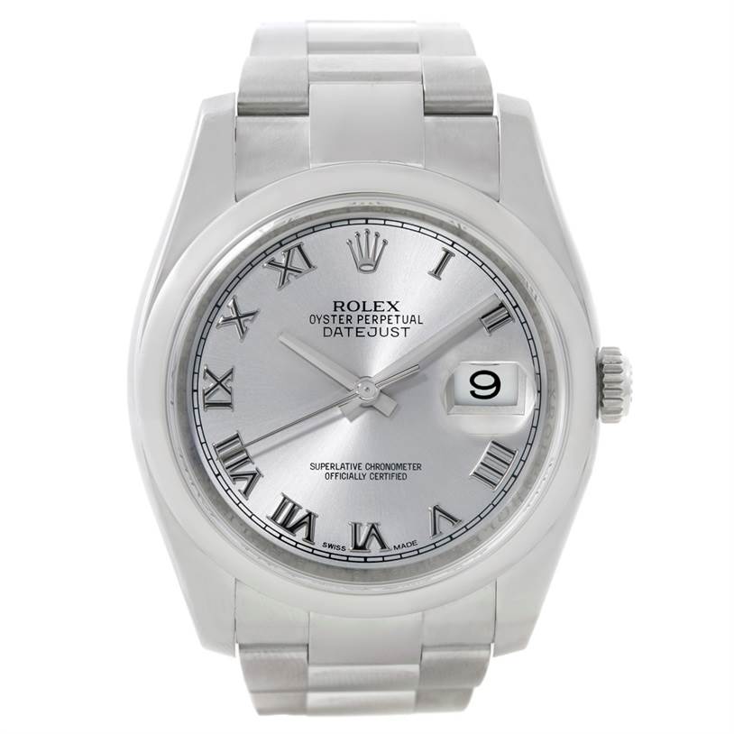 This image shows a front view of the Rolex Datejust 116200 Men
s Stainless Steel Grey Dial 116200 Men
s Stainless Steel Grey Dial watch featuring its dial, hands, crown, and date window.