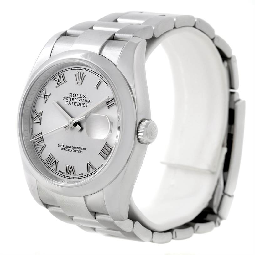 The image shows a silver Rolex Datejust 116200 Men
s Stainless Steel Grey Dial 116200 Men
s Stainless Steel Grey Dial model watch from a slight side angle, highlighting the face, bezel, crown, and bracelet.