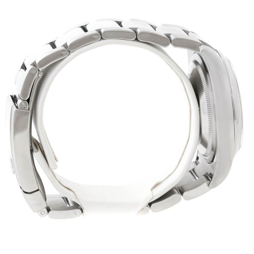 The image shows a side view of the Rolex Datejust 116200 Men
s Stainless Steel Grey Dial 116200 Men
s Stainless Steel Grey Dial model, highlighting its bracelet and case.