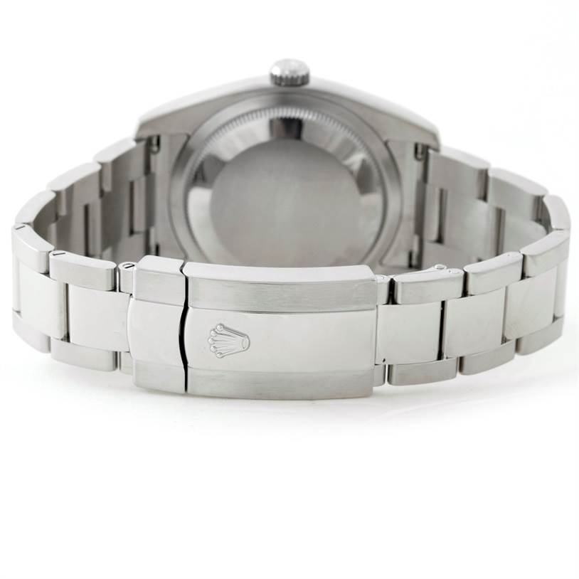 This image shows the back view of a Rolex Datejust 116200 Men
s Stainless Steel Grey Dial 116200 Men
s Stainless Steel Grey Dial watch, highlighting the case back and the clasp on the stainless steel bracelet.