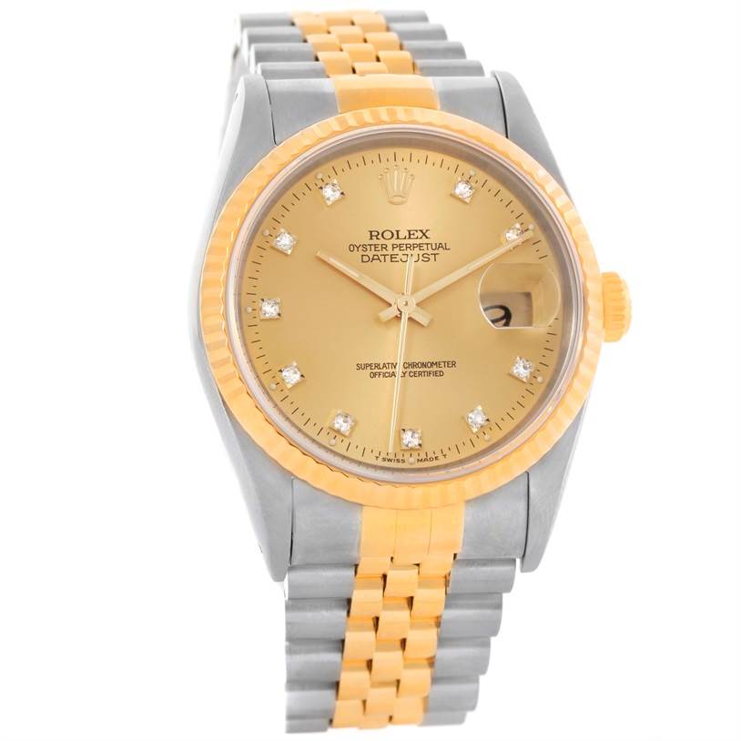 The image shows a Rolex Datejust 16233 Men's Steel and Gold (two tone) Champagne Dial 16233 Men's Steel and Gold (two tone) Champagne Dial watch from a frontal angle, highlighting its dial, bezel, and bracelet.