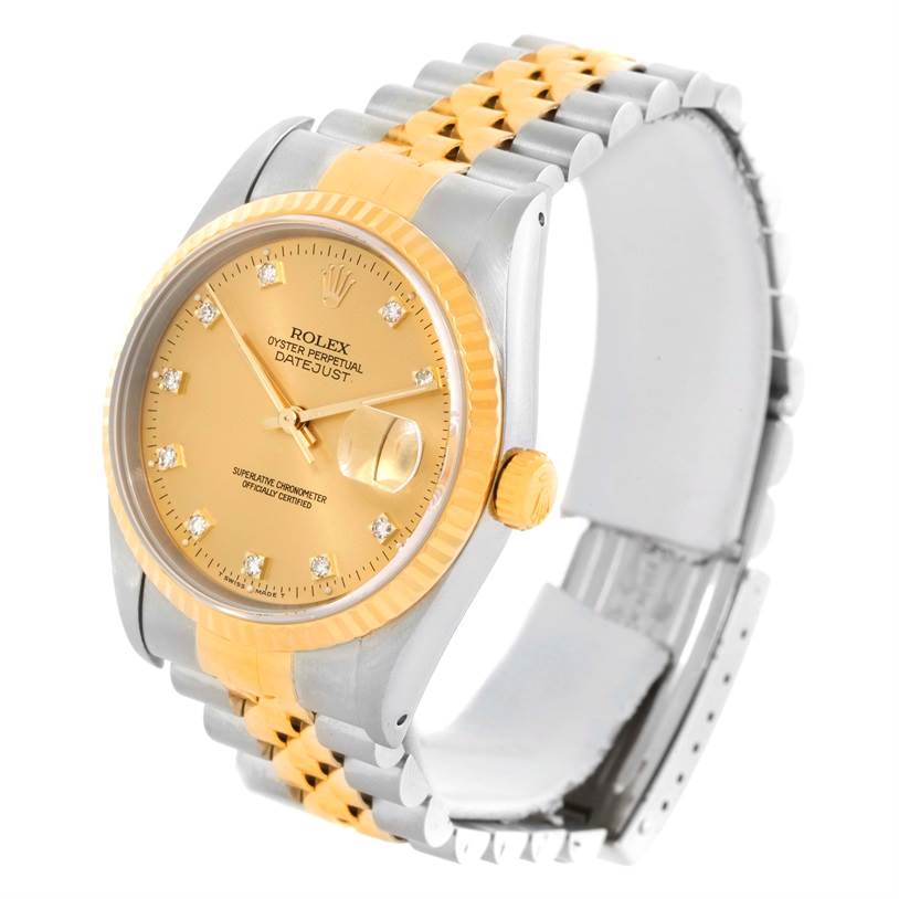 The Rolex Datejust 16233 Men's Steel and Gold (two tone) Champagne Dial 16233 Men's Steel and Gold (two tone) Champagne Dial watch is shown from a three-quarter angle, displaying the dial, case, crown, and bracelet.
