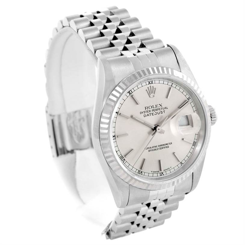 The image shows a Rolex Datejust 16234 Men's Stainless Steel Silver Dial 16234 Men's Stainless Steel Silver Dial watch from an angled, side view, highlighting its silver bracelet, bezel, and dial.