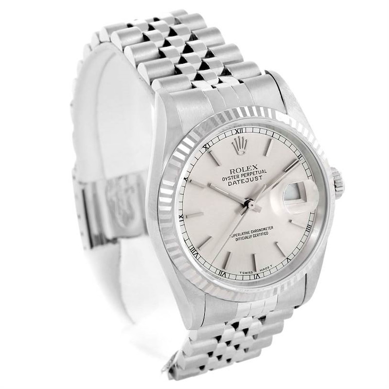 Rolex Datejust Steel 18k White Gold Silver Baton Dial Mens Watch 16234 SwissWatchExpo