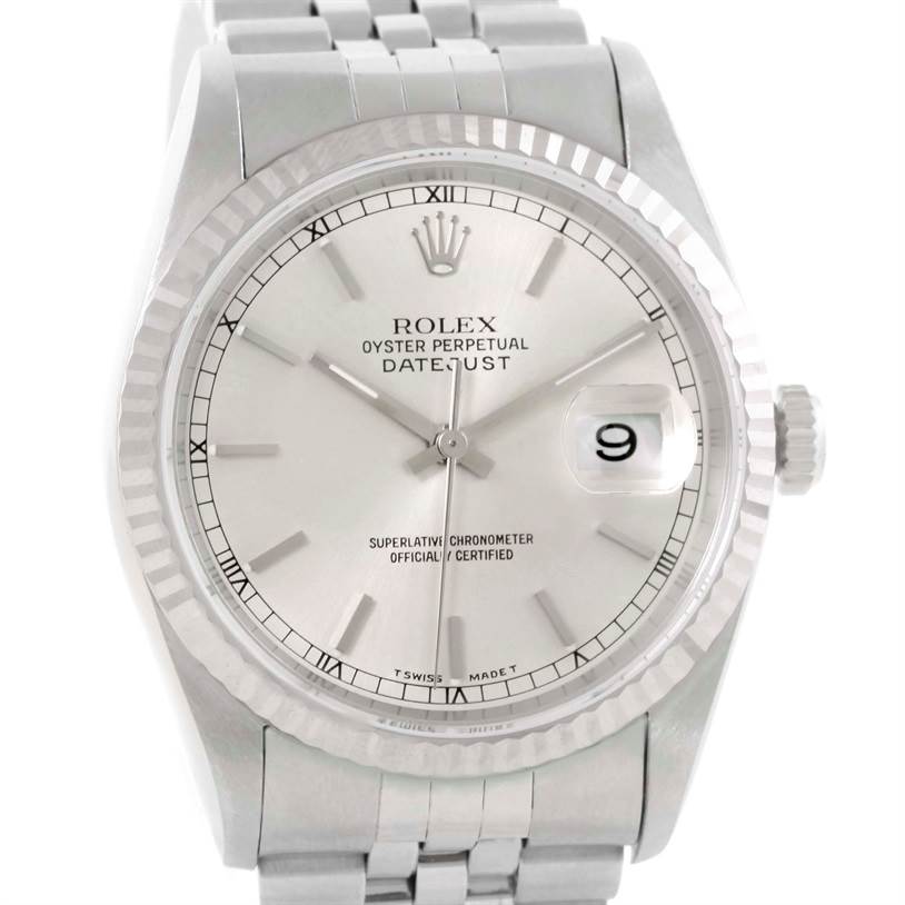 This image shows a front view of the Rolex Datejust 16234 Men's Stainless Steel Silver Dial 16234 Men's Stainless Steel Silver Dial watch, displaying the dial, hour markers, and metal bracelet.