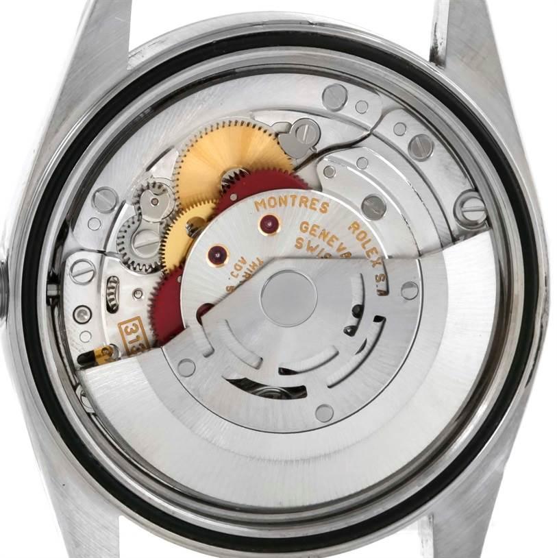 This image shows the inner mechanical movement of a Rolex Datejust 16234 Men's Stainless Steel Silver Dial 16234 Men's Stainless Steel Silver Dial watch from the back angle.