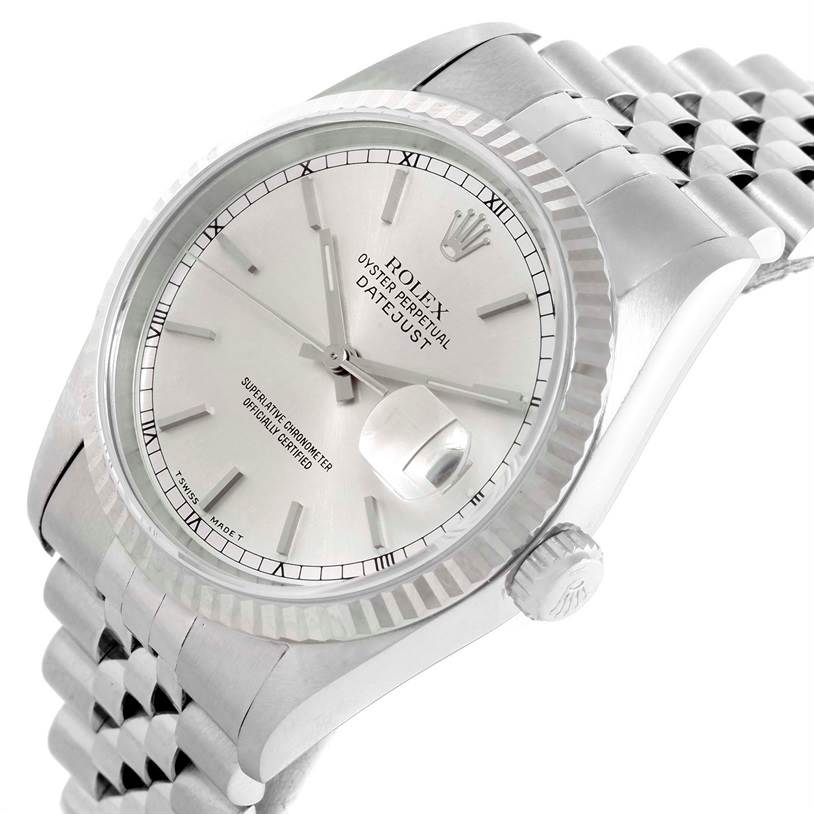 This image shows a close-up view of the Rolex Datejust 16234 Men's Stainless Steel Silver Dial 16234 Men's Stainless Steel Silver Dial watch in silver, focusing on the face, bezel, crown, and part of the bracelet.