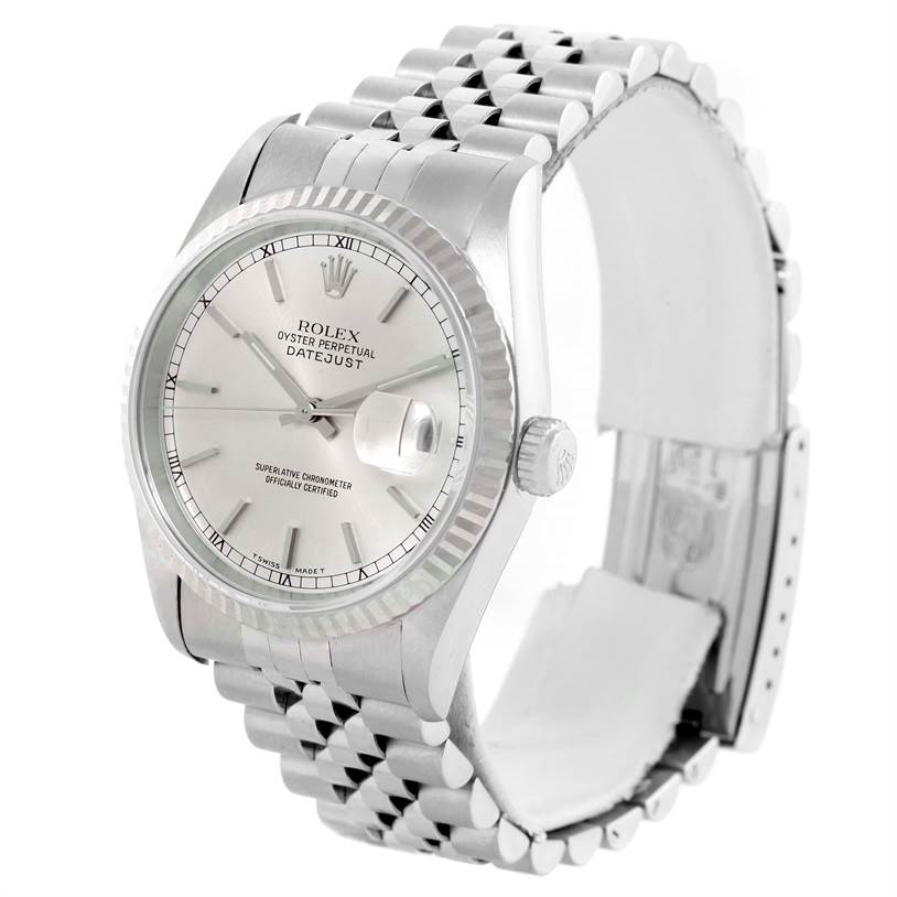 The image shows a Rolex Datejust 16234 Men's Stainless Steel Silver Dial 16234 Men's Stainless Steel Silver Dial watch at an angled front view, highlighting the dial, fluted bezel, and Jubilee bracelet.