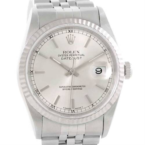 Photo of Rolex Datejust Steel 18k White Gold Silver Baton Dial Mens Watch 16234