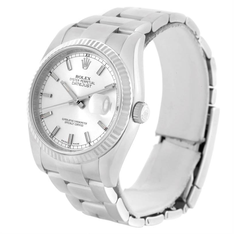 The image shows a Rolex Datejust 116234 Men's Stainless Steel Silver Dial 116234 Men's Stainless Steel Silver Dial model watch from a 3/4 angle, highlighting the face, bezel, crown, and bracelet.