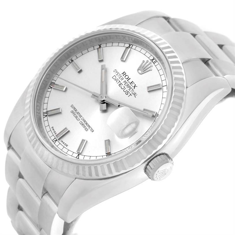 This image shows a Rolex Datejust 116234 Men's Stainless Steel Silver Dial 116234 Men's Stainless Steel Silver Dial watch at a three-quarter angle, highlighting the dial, bezel, bracelet, and crown.