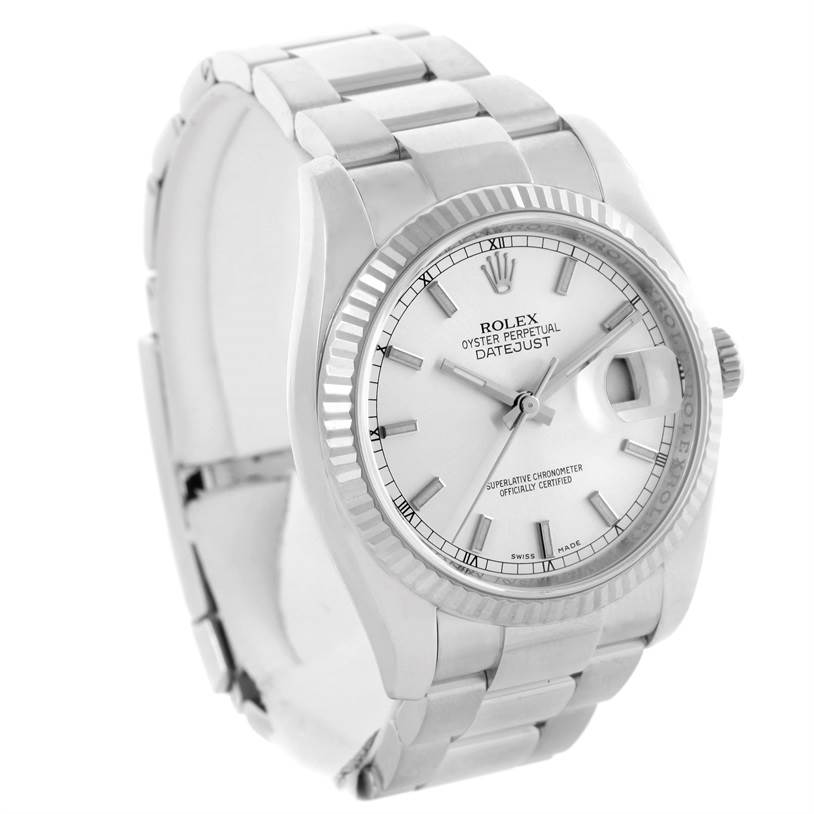 The image shows a Rolex Datejust 116234 Men's Stainless Steel Silver Dial 116234 Men's Stainless Steel Silver Dial watch at a slight angle, highlighting its dial, bezel, and part of the bracelet.