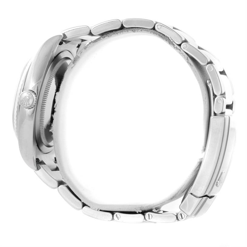 The image shows a side view of the Rolex Datejust 116234 Men's Stainless Steel Silver Dial 116234 Men's Stainless Steel Silver Dial watch, highlighting its case, crown, and metal bracelet.