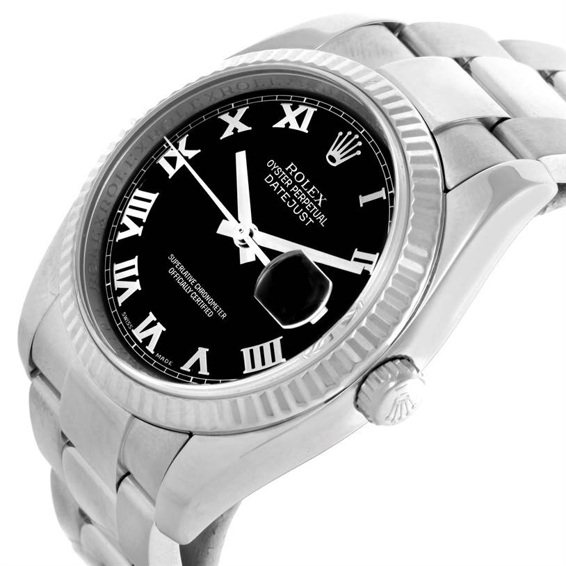 The image shows a Rolex Datejust 116234 Men
s Stainless Steel Black Dial 116234 Men
s Stainless Steel Black Dial watch at an angled close-up, highlighting its dial, bezel, crown, and parts of the bracelet.