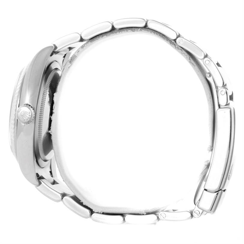 This image shows a side profile of the Rolex Datejust 116234 Men
s Stainless Steel Black Dial 116234 Men
s Stainless Steel Black Dial watch, focusing on the case, crown, and bracelet.