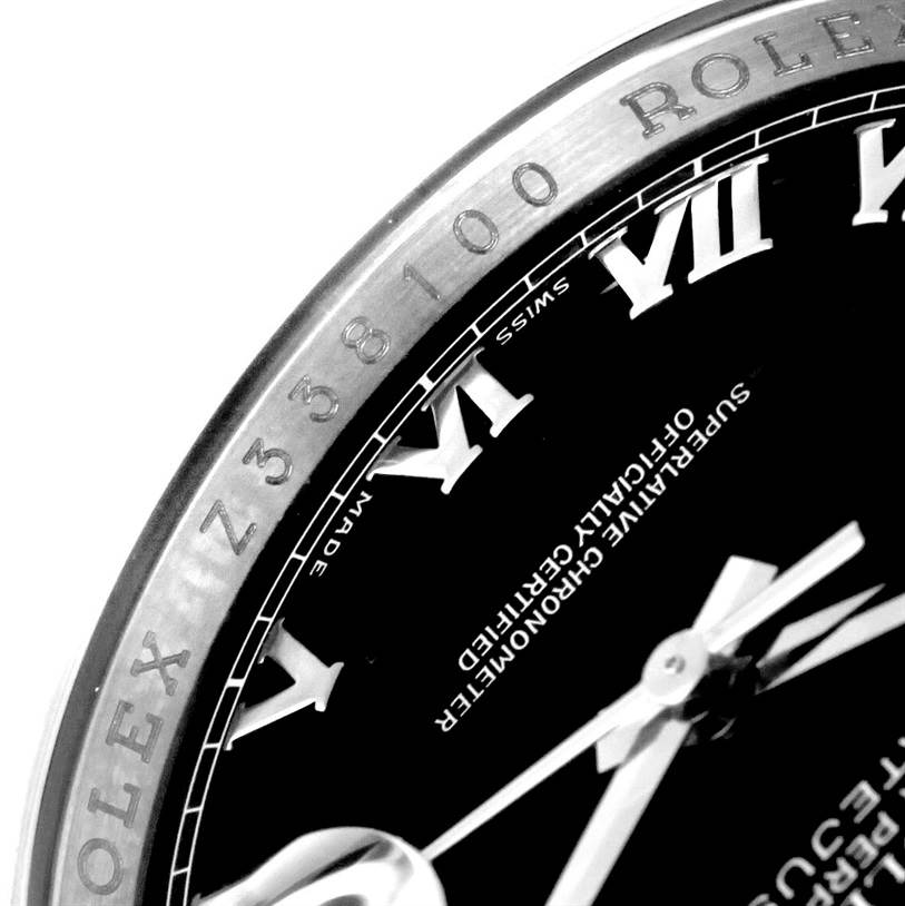 The image shows a close-up angle of the Rolex Datejust 116234 Men
s Stainless Steel Black Dial 116234 Men
s Stainless Steel Black Dial watch, highlighting part of the bezel, dial, and hands.