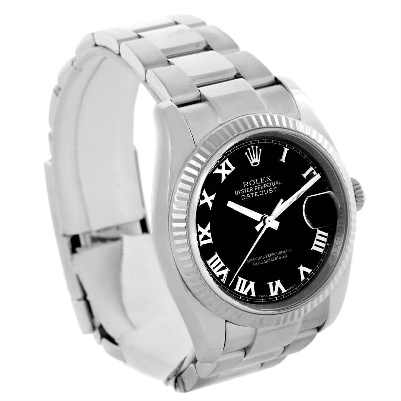 This is a Rolex Datejust 116234 Men
s Stainless Steel Black Dial 116234 Men
s Stainless Steel Black Dial watch shown from a three-quarter angle, displaying the dial, bezel, and bracelet.